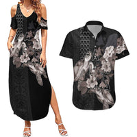 Hawaii Aloha Turtle Hibiscus and Leaves Couples Matching Summer Maxi Dress and Hawaiian Shirt with Polynesian and Kakau Tattoos Black Color - Polynesian Pride