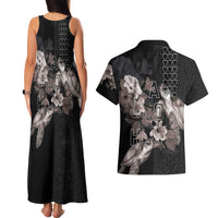 Hawaii Aloha Turtle Hibiscus and Leaves Couples Matching Tank Maxi Dress and Hawaiian Shirt with Polynesian and Kakau Tattoos Black Color - Polynesian Pride