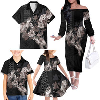 Hawaii Aloha Turtle Hibiscus and Leaves Family Matching Off The Shoulder Long Sleeve Dress and Hawaiian Shirt with Polynesian and Kakau Tattoos Black Color - Polynesian Pride