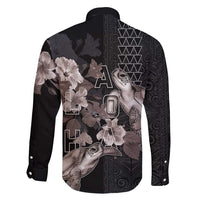 Hawaii Aloha Turtle Hibiscus and Leaves Family Matching Off Shoulder Maxi Dress and Hawaiian Shirt with Polynesian and Kakau Tattoos Black Color - Polynesian Pride