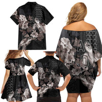 Hawaii Aloha Turtle Hibiscus and Leaves Family Matching Off Shoulder Short Dress and Hawaiian Shirt with Polynesian and Kakau Tattoos Black Color - Polynesian Pride