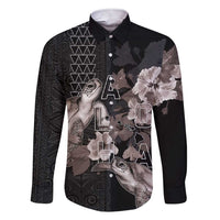 Hawaii Aloha Turtle Hibiscus and Leaves Family Matching Short Sleeve Bodycon Dress and Hawaiian Shirt with Polynesian and Kakau Tattoos Black Color - Polynesian Pride