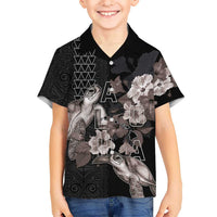 Hawaii Aloha Turtle Hibiscus and Leaves Kid Hawaiian Shirt with Polynesian and Kakau Tattoos Black Color - Polynesian Pride