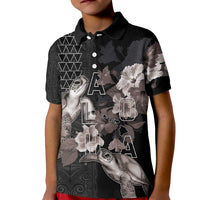 Hawaii Aloha Turtle Hibiscus and Leaves Kid Polo Shirt with Polynesian and Kakau Tattoos Black Color - Polynesian Pride