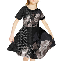 Hawaii Aloha Turtle Hibiscus and Leaves Kid Short Sleeve Dress with Polynesian and Kakau Tattoos Black Color - Polynesian Pride