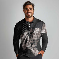 Hawaii Aloha Turtle Hibiscus and Leaves Long Sleeve Polo Shirt with Polynesian and Kakau Tattoos Black Color - Polynesian Pride