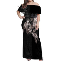 Hawaii Aloha Turtle Hibiscus and Leaves Off Shoulder Maxi Dress with Polynesian and Kakau Tattoos Black Color - Polynesian Pride