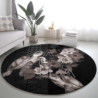 Hawaii Aloha Turtle Hibiscus and Leaves Round Carpet with Polynesian and Kakau Tattoos Black Color - Polynesian Pride