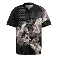 Hawaii Aloha Turtle Hibiscus and Leaves Rugby Jersey with Polynesian and Kakau Tattoos Black Color - Polynesian Pride