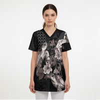 Hawaii Aloha Turtle Hibiscus and Leaves Scrub Top with Polynesian and Kakau Tattoos Black Color - Polynesian Pride