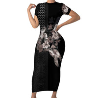 Hawaii Aloha Turtle Hibiscus and Leaves Short Sleeve Bodycon Dress with Polynesian and Kakau Tattoos Black Color - Polynesian Pride