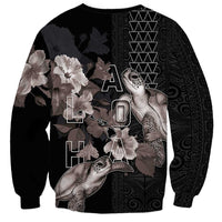 Hawaii Aloha Turtle Hibiscus and Leaves Sweatshirt with Polynesian and Kakau Tattoos Black Color - Polynesian Pride