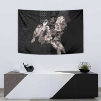 Hawaii Aloha Turtle Hibiscus and Leaves Tapestry with Polynesian and Kakau Tattoos Black Color - Polynesian Pride