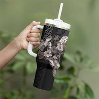 Hawaii Aloha Turtle Hibiscus and Leaves Tumbler With Handle with Polynesian and Kakau Tattoos Black Color - Polynesian Pride