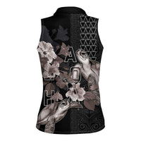 Hawaii Aloha Turtle Hibiscus and Leaves Women Sleeveless Polo Shirt with Polynesian and Kakau Tattoos Black Color - Polynesian Pride
