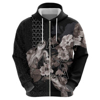 Hawaii Aloha Turtle Hibiscus and Leaves Zip Hoodie with Polynesian and Kakau Tattoos Black Color - Polynesian Pride