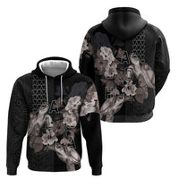 Hawaii Aloha Turtle Hibiscus and Leaves Zip Hoodie with Polynesian and Kakau Tattoos Black Color - Polynesian Pride