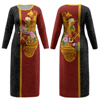 Papua New Guinea Independence Day Couples Matching Long Sleeve Bodycon Dress and Long Sleeve Button Shirt Birds-of-Paradise Melanesian Tattoos Tropical Plants