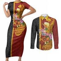 Papua New Guinea Independence Day Couples Matching Short Sleeve Bodycon Dress and Long Sleeve Button Shirt Birds-of-Paradise Melanesian Tattoos Tropical Plants LT03 Multicolor - Polynesian Pride