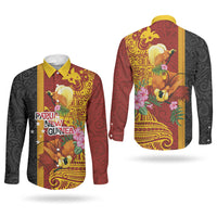 Papua New Guinea Independence Day Couples Matching Short Sleeve Bodycon Dress and Long Sleeve Button Shirt Birds-of-Paradise Melanesian Tattoos Tropical Plants LT03 - Polynesian Pride