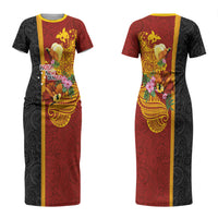 Papua New Guinea Independence Day Couples Matching Short Sleeve Bodycon Dress and Long Sleeve Button Shirt Birds-of-Paradise Melanesian Tattoos Tropical Plants LT03 - Polynesian Pride