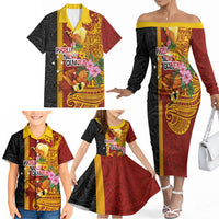 Papua New Guinea Independence Day Family Matching Off The Shoulder Long Sleeve Dress and Hawaiian Shirt Birds-of-Paradise Melanesian Tattoos Tropical Plants LT03 - Polynesian Pride