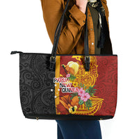 Papua New Guinea Independence Day Leather Tote Bag Birds-of-Paradise Melanesian Tattoos Tropical Plants