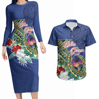Guam Chamorro Couples Matching Long Sleeve Bodycon Dress and Hawaiian Shirt Tribal Latte Stone and Seal Artwork Polynesian Patterns