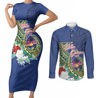 Guam Chamorro Couples Matching Short Sleeve Bodycon Dress and Long Sleeve Button Shirt Tribal Latte Stone and Seal Artwork Polynesian Patterns