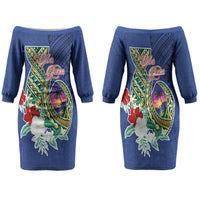 Guam Chamorro Family Matching Off The Shoulder Long Sleeve Dress and Hawaiian Shirt Tribal Latte Stone and Seal Artwork Polynesian Patterns LT03 Mom's Dress Multicolor - Polynesian Pride