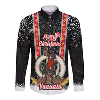 Vanuatu Christmas Long Sleeve Button Shirt Polynesian Tribal Snow Style LT03 Unisex Black - Polynesian Pride
