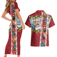New Zealand Merry Christmas Couples Matching Short Sleeve Bodycon Dress and Hawaiian Shirt Maori Animals, Koru Tattoo - Red Xmas Style