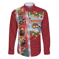 New Zealand Merry Christmas Family Matching Off The Shoulder Long Sleeve Dress and Hawaiian Shirt Maori Animals, Koru Tattoo - Red Xmas Style LT03 Dad's Shirt - Long Sleeve Red - Polynesian Pride