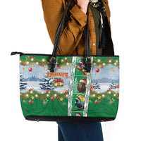 New Zealand Merry Christmas Leather Tote Bag Maori Animals, Koru Tattoo - Green Xmas Style