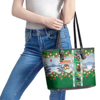 New Zealand Merry Christmas Leather Tote Bag Maori Animals, Koru Tattoo - Green Xmas Style