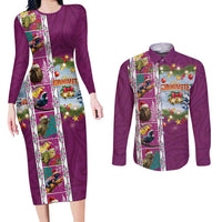 New Zealand Merry Christmas Couples Matching Long Sleeve Bodycon Dress and Long Sleeve Button Shirt Maori Animals, Koru Tattoo - Pink Xmas Style