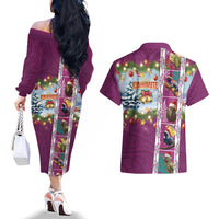 New Zealand Merry Christmas Couples Matching Off The Shoulder Long Sleeve Dress and Hawaiian Shirt Maori Animals, Koru Tattoo - Pink Xmas Style