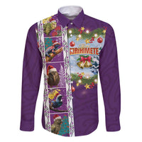 New Zealand Merry Christmas Family Matching Summer Maxi Dress and Hawaiian Shirt Maori Animals, Koru Tattoo - Purple Xmas Style LT03 Dad's Shirt - Long Sleeve Purple - Polynesian Pride