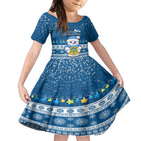 Tuvalu Christmas Family Matching Short Sleeve Bodycon Dress and Hawaiian Shirt Snowman Hugs Tuvalu Coat of Arms Maori Pattern Blue Style LT03 Daughter's Dress Blue - Polynesian Pride