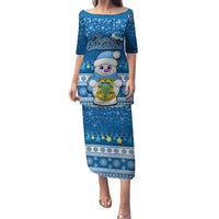 Personalised Tuvalu Christmas Family Matching Puletasi Dress and Hawaiian Shirt Snowman Hugs Tuvalu Coat of Arms Maori Pattern Blue Style LT03 Mom's Dress Blue - Polynesian Pride