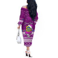 Personalised Tuvalu Christmas Off The Shoulder Long Sleeve Dress Snowman Hugs Tuvalu Coat of Arms Maori Pattern Pink Style LT03 - Polynesian Pride