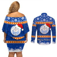 Marshall Islands Christmas Couples Matching Off Shoulder Short Dress and Long Sleeve Button Shirt Santa Claus and Coat of Arms Mix Polynesian Xmas Style LT03 - Polynesian Pride