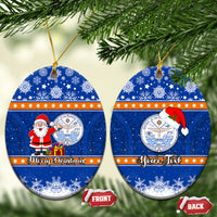Personalised Marshall Islands Christmas Ceramic Ornament Santa Claus and Coat of Arms Mix Polynesian Xmas Style LT03 Oval Blue - Polynesian Pride