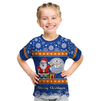 Personalised Marshall Islands Christmas Kid T Shirt Santa Claus and Coat of Arms Mix Polynesian Xmas Style LT03 Blue - Polynesian Pride