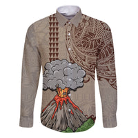 Aloha Volcano Custom Family Matching Puletasi Dress and Hawaiian Shirt Mix Hawaiian Kakau Tribal LT03 Dad's Shirt - Long Sleeve Beige - Polynesian Pride