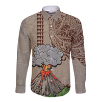 Aloha Volcano Custom Long Sleeve Button Shirt Mix Hawaiian Kakau Tribal LT03 Unisex Beige - Polynesian Pride