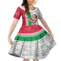 Custom Hawaii Mele Kalikimaka Family Matching Mermaid Dress and Hawaiian Shirt Santa Playing Ukele Mix Kakau Pattern Xmas Style LT03 Daughter's Dress Red - Polynesian Pride