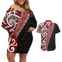 New Zealand Maori Stylized Koru Couples Matching Off Shoulder Short Dress and Hawaiian Shirt LT03 Red - Polynesian Pride