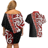 New Zealand Maori Stylized Koru Couples Matching Off Shoulder Short Dress and Hawaiian Shirt LT03 - Polynesian Pride