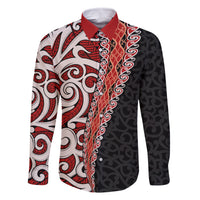 New Zealand Maori Stylized Koru Family Matching Tank Maxi Dress and Hawaiian Shirt LT03 Dad's Shirt - Long Sleeve Red - Polynesian Pride
